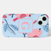 ライトブルーモノグラムの可愛いピンクパーソナライズされたの鳥 Case-Mate iPhoneケース (裏面 (横))