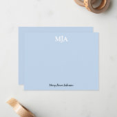 ライトブルーモノグラム3文字イニシャル モダン ノートカード (正面/裏面インサイチュ)