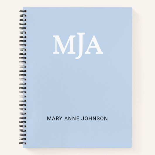 ライトブルーモノグラム3文字イニシャル モダン ノートブック (正面)