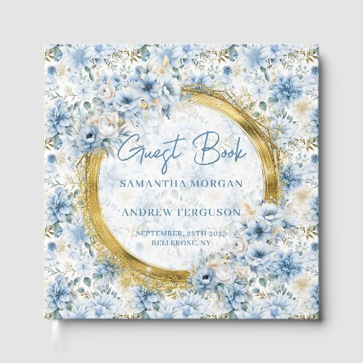 ライトブルーユニーク金ゴールドグリッター結婚ズゲストブック ゲストブック (正面)