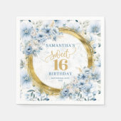 ライトブルーユニークSweet sixteen金ゴールドグリッター スタンダードカクテルナプキン (正面)