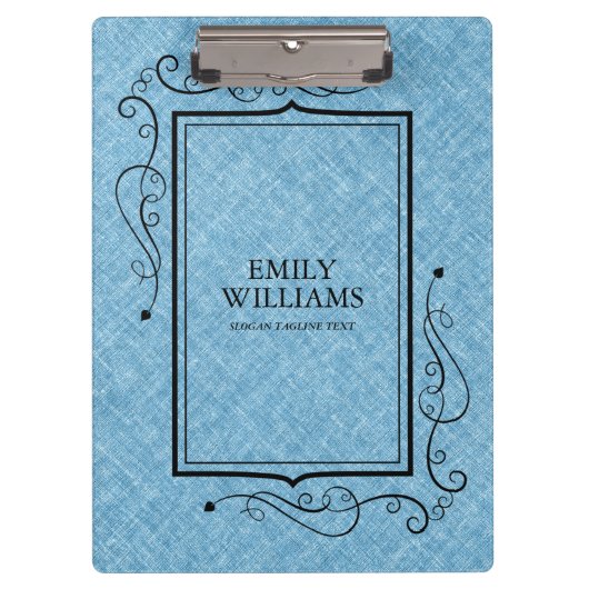 ライトブルーリネンのテクスチャブラックヴィンテージフレーム クリップボード (正面)