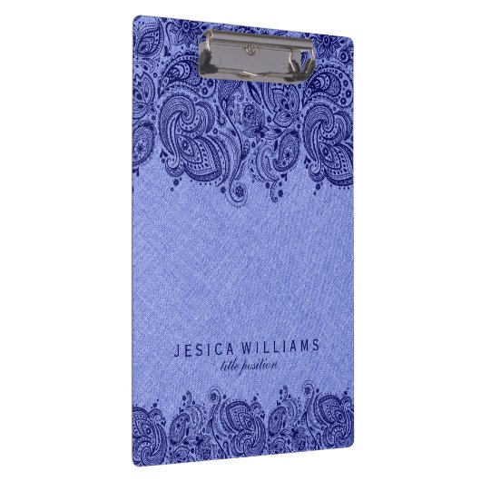 ライトブルーリネン付きネイビーブルーペイズリーレースフェイクレース クリップボード (右)