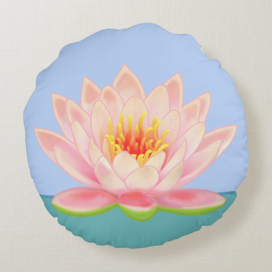 ライトブルー上のピンクのスイレン花 ラウンドクッション (裏面)
