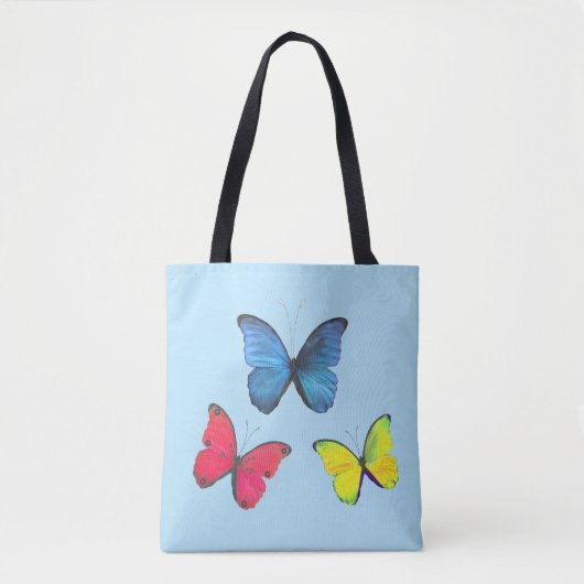 ライトブルー上の青と黄の蝶 トートバッグ (正面)