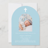 ライトブルー写真アーチ少年バプテスマ 招待状 (正面)