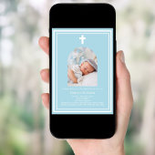 ライトブルー写真アーチ男の赤ちゃんバプテスマ 招待状