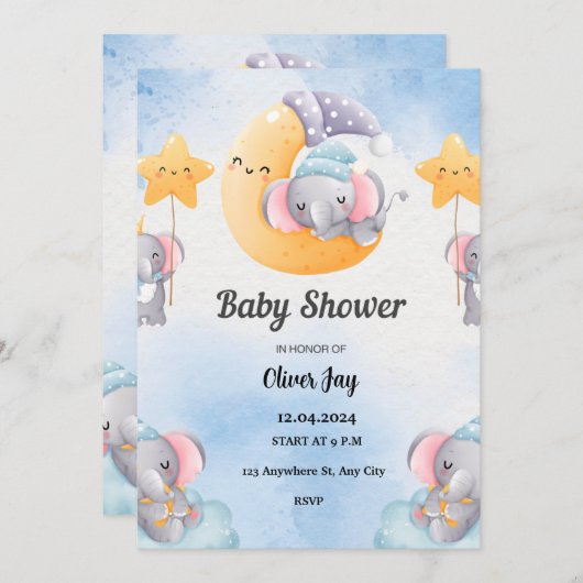 ライトブルー図解入りの、写真付きのベビーシャワー招待状 セーブザデート (正面/裏面)