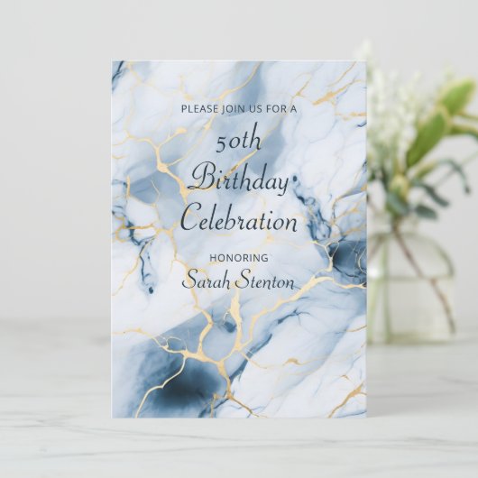 ライトブルー大理石50誕生日 招待状 (スタンド正面)
