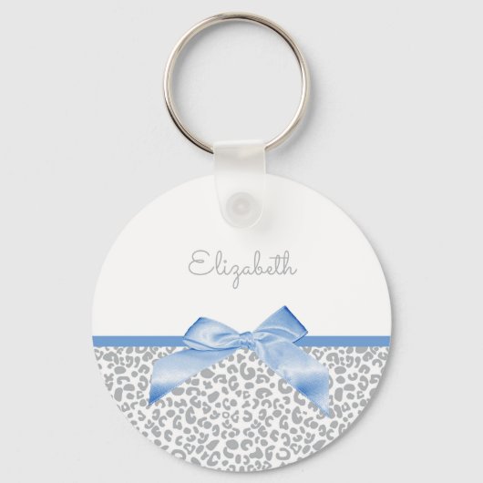 ライトブルー弓トレンディーヒョウ柄と名前 キーホルダー (正面)