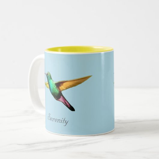 ライトブルー数々のの可愛い色のハチドリ ツートーンマグカップ (正面左)