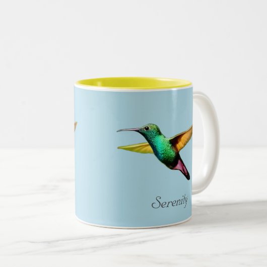 ライトブルー数々のの可愛い色のハチドリ ツートーンマグカップ (正面右)