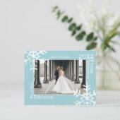 ライトブルー新着第1回クリスマスフォトスノーフレーク シーズンポストカード (スタンド正面)
