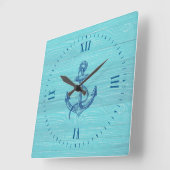 ライトブルー木材とネイビーブルー航海のいかり スクエア壁時計 (傾斜)