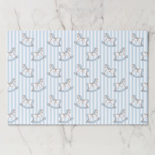 ライトブルー木製ロッキングホース男の赤ちゃんシャワー ペーパーパッド (正面)