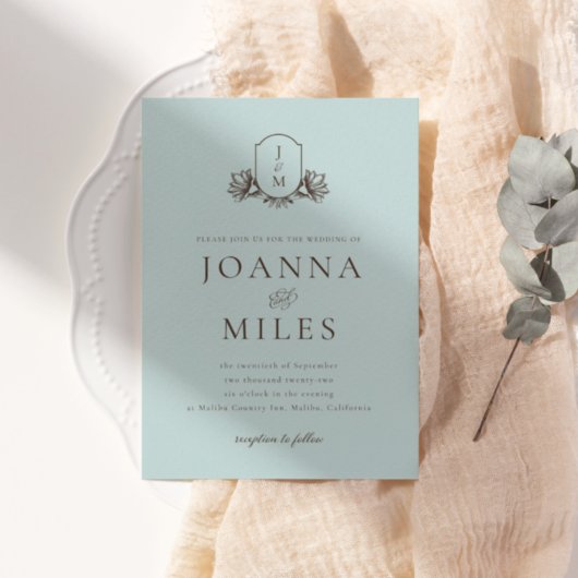 ライトブルー植物性モノグラム結婚クレスト 招待状