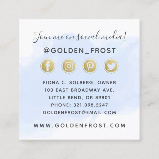 ライトブルー水彩及び金ゴールドSNSネットワーク スクエア名刺 (裏面)