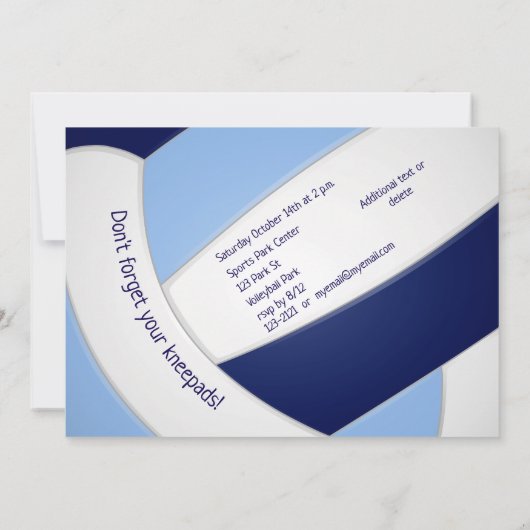 ライトブルー海軍バレーボールの女の子の誕生日 招待状 (裏面)