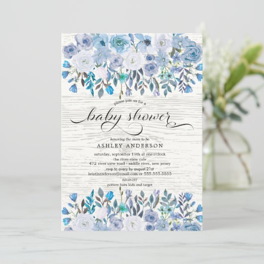 ライトブルー素朴ウォーター色フローラベビーシャワー 招待状 (スタンド正面)