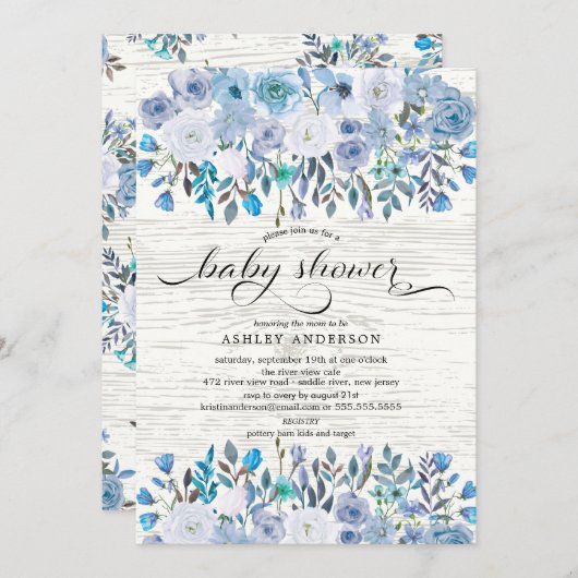 ライトブルー素朴ウォーター色フローラベビーシャワー 招待状 (正面/裏面)