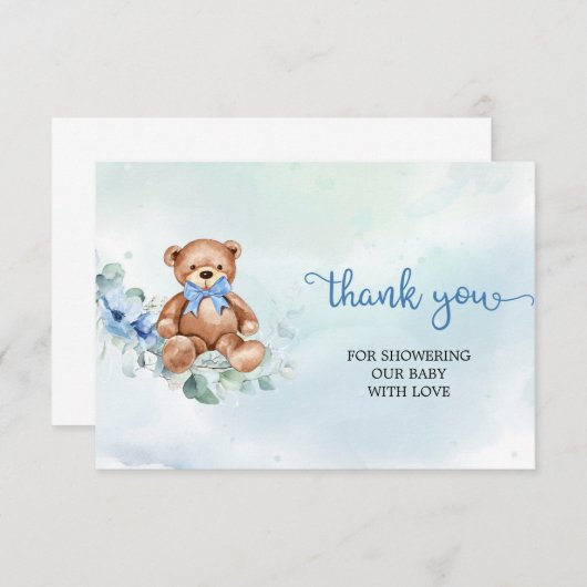 ライトブルー素朴フローラテディベアありがとう エンクロージャーカード (正面/裏面)