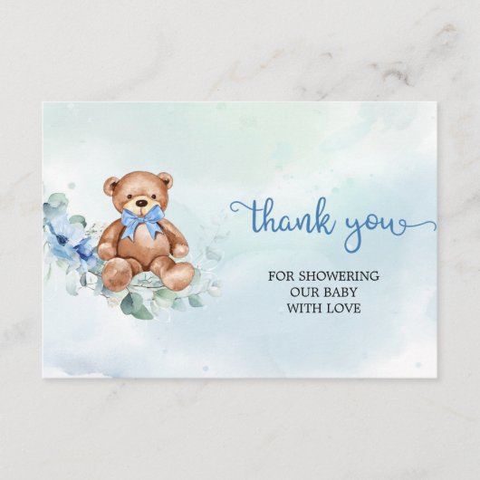 ライトブルー素朴フローラテディベアありがとう エンクロージャーカード (正面)