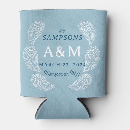 ライトブルー結婚オイスターの名前の日付と場所 缶クーラー (正面)