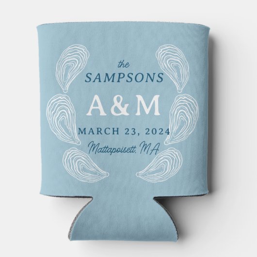 ライトブルー結婚オイスターの名前の日付と場所 缶クーラー (裏面)