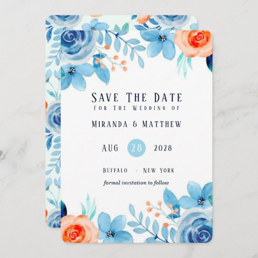 ライトブルー絵を描オレンジ牡丹 招待状 (正面/裏面)