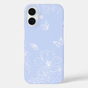 ライトブルー花パターン,フローラ,ミニマリスト iPhone 16ケース