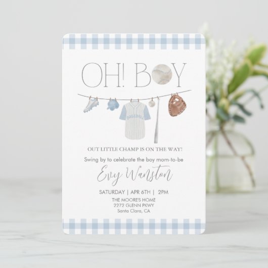 ライトブルー野球ああ、男の子の赤ちゃんシャワー招待 招待状 (スタンド正面)