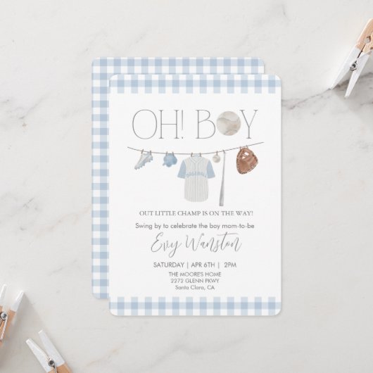 ライトブルー野球ああ、男の子の赤ちゃんシャワー招待 招待状 (正面/裏面インサイチュ)