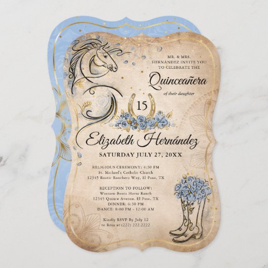 ライトブルー金ゴールド素朴キンセアニェラホース誕生日 招待状 (正面/裏面)