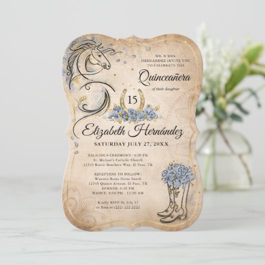 ライトブルー金ゴールド素朴キンセアニェラホース誕生日 招待状 (スタンド正面)