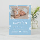 ライトブルー雪片フォトウィンターボーイバプテスマ 招待状 (スタンド正面)