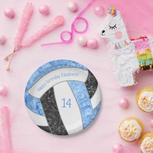 ライトブルー黒バレーボールガーリーバースデーパーティー ペーパープレート (パーティー)