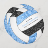 ライトブルー黒バレーボールガーリーバースデーパーティー 案内状 (正面/裏面)