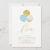 ライトブルー & ゴールドの風船 五 5歳の誕生日パーティー 招待状 (正面)