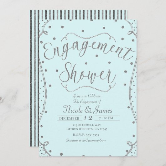 ライトブルー&シルバー婚約シャワー 招待状 (正面/裏面)