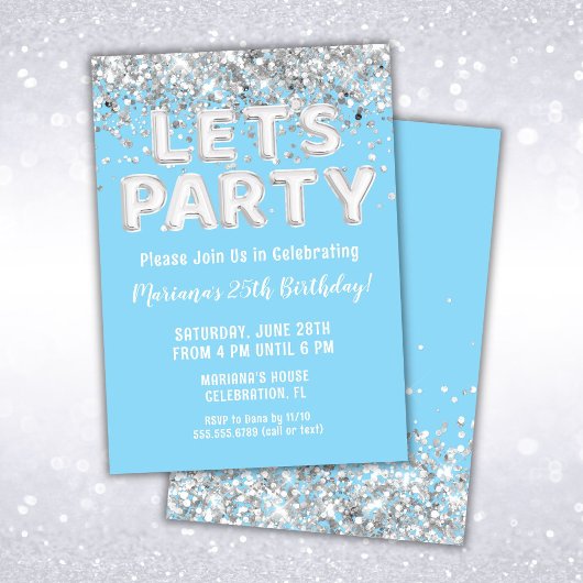 ライトブルー シルバー グリッター 誕生日パーティー 招待状