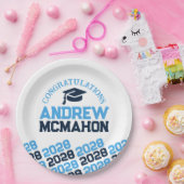 ライトブルー&ネイビーオンホワイトハーフリピート卒業 ペーパープレート (パーティー)