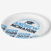 ライトブルー&ネイビーオンホワイトハーフリピート卒業 ペーパープレート (アングル)