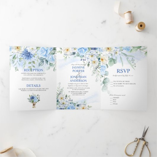 ライトブルー、ネイビー、冬白水色フローラ 三つ折り招待状 (内部)