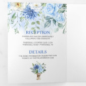 ライトブルー、ネイビー、冬白水色フローラ 三つ折り招待状 (内部最初)