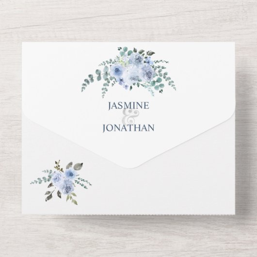 ライトブルー & ネイビー 水彩 フラワーズ | オールインワン招待状 (裏面)