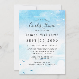 ライトブルー、ビーチブライダルシャワー 招待状