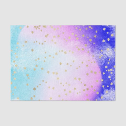 ライトブルー、ピンク、パープルの水彩画とゴールドの星 薄葉紙 (正面)