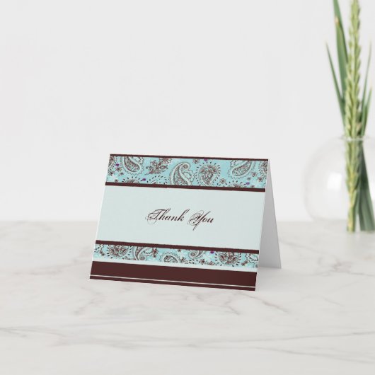 ライトブルー ブラウン ペイズリー 結婚式 お礼カード サンキューカード (正面)