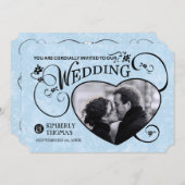 ライトブルー&ブラックハートフォトウェディング招待 招待状 (正面/裏面)