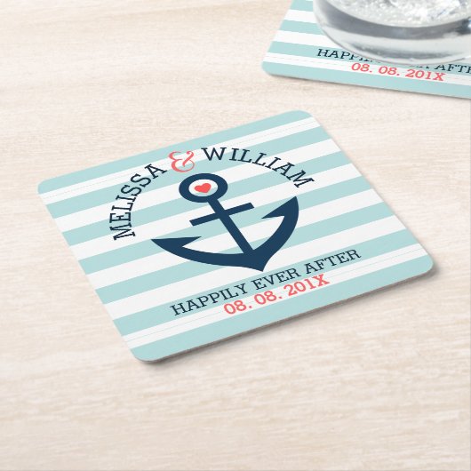 ライトブルー&ホワイトストライプいかりネイビーブルーボート スクエアペーパーコースター (アングル)